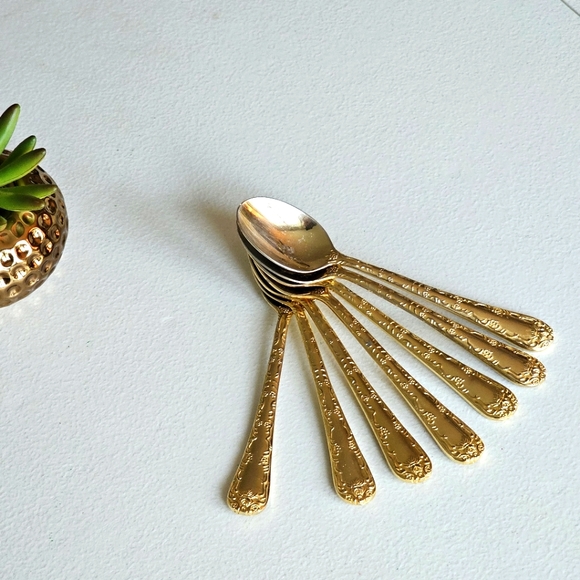 Vintage Wm. Rogers & Son China Gold Plated Enchanted Rose Teaspoons Set of 7 - Picture 8 of 16